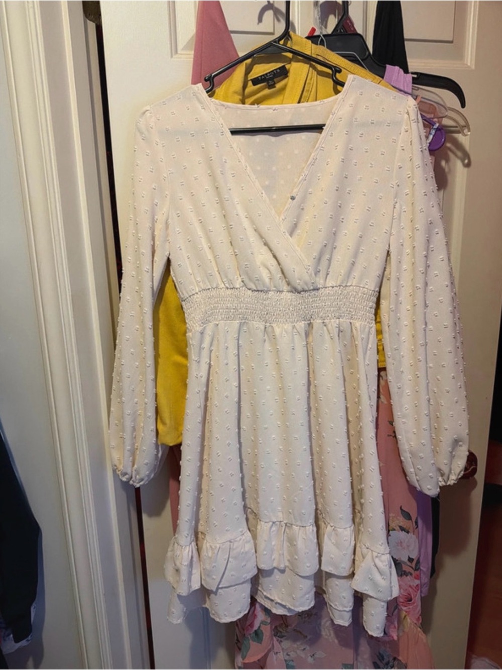 Amazon White Long Sleeve Ruffle Swiss Dot Dress
